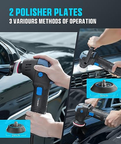 Mini Polisher, 2inch/ 3inch 750W with 12mm Random Orbital for Car Detailing | Mini Da Polisher with 16pcs Trapezoidal Polisher Pads, 6 Variable Speed 2000-5500OPM, 16.4 ft Cord Heavy Duty Polisher