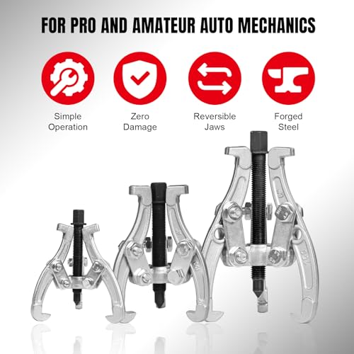 BIG RED 3 Jaw Gear Puller Set: 3/4/6'' Bearing Puller Kit for Gearing, Pulley and Bearing Removal with Reversible Jaws