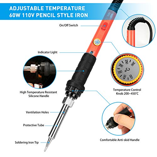 Soldering Iron Kit, 60W Upgraded Soldering Kits Adjustable Temperature Welding Tool Solder Irons Pen with On/Off Switch Use for Electrical Repairs - color: 60w 19-in-1