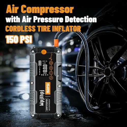 Jump Starter with Air Compressor, 4000A Portable Car Battery Jump Starter (10L Gas/8L Diesel), 12V Jump Pack with 150PSI Auto-Shutoff Tire Inflator, LED Light, Gloves & Car Emergency Kit - color: BLACK