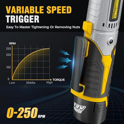 3/8" Cordless Ratchet Wrench Set, 60FT-LBS(80N.m) Electric Ratchet, 12V Extended Power Ratchet Wrench Set with Variable Speed, 6 Sockets, LED Light, 1/4" Adapter,1/2" Adapter,2 Batteries