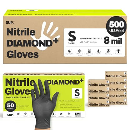 SUPER+ Disposable Nitrile Gloves, 8 Mil Diamond Powder-Free Latex-Free Food Safe Chemical Resistant Heavy Duty, Black 500 Ct - color: Small (Black)