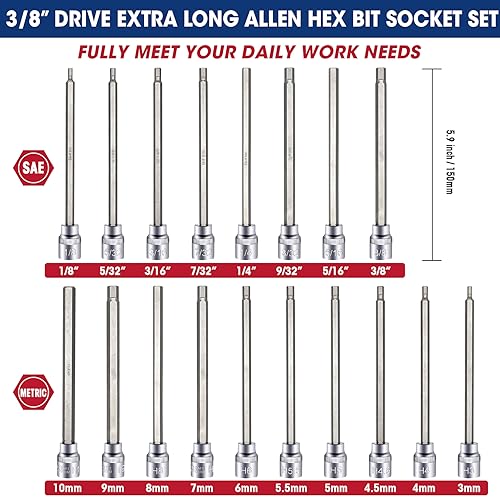 Rizom 3/8" Drive Long Allen Socket Set, 18-Piece Hex Bit Socket Set | S2 Steel Allen Head Socket, 6" Extra-Long SAE & Metric Hex Bit Set (1/8-3/8 in., 3-10 mm) for Professional Auto Repair - style: Allen Hex Bit
