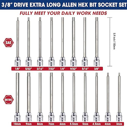 Rizom 3/8" Drive Long Allen Socket Set, 18-Piece Hex Bit Socket Set | S2 Steel Allen Head Socket, 6" Extra-Long SAE & Metric Hex Bit Set (1/8-3/8 in., 3-10 mm) for Professional Auto Repair - style: Allen Hex Bit
