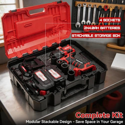 960N.m high Torque 1/2 Impact Wrench Set 2X 4.0Ah Battery | 20v Brushless cordless Electric Impact Driver 4 sleeve, outdoor Vehicle mounted Car tire Lug Nut removal tools