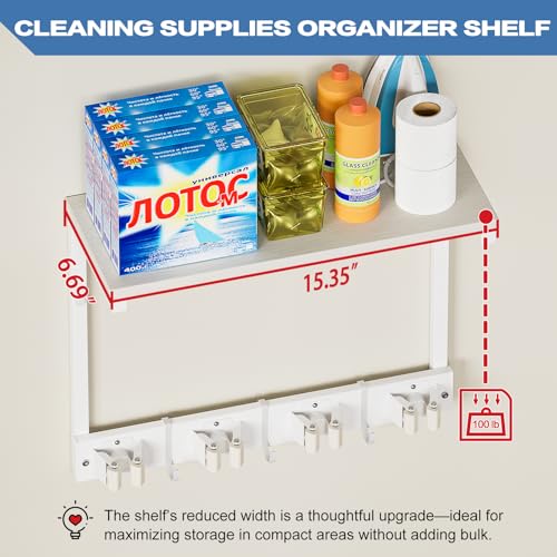Olakee Broom Holder Wall Mount with Cleaning Supplies Organizer, Laundry Room Organization and Storage Shelves, Mop Hanger Rack with Hooks, Utility Shelf Closet Organizer for Garage Home Improvement - size: Small