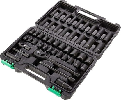 Amazon Basics 46-Piece 3/8-Inch Drive Socket Set with 6 & 12 Point Sockets, 72 Teeth Ratchet, SAE & Metric Sizes, Extension Bars, Universal Joint, Carrying Case - size: 13.1 x 9.7 x 3 inches
