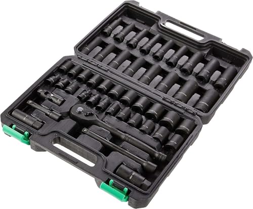 Amazon Basics 46-Piece 3/8-Inch Drive Socket Set with 6 & 12 Point Sockets, 72 Teeth Ratchet, SAE & Metric Sizes, Extension Bars, Universal Joint, Carrying Case - size: 13.1 x 9.7 x 3 inches