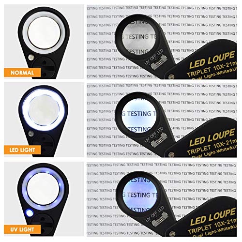 10x Magnifier Jewelry Loupe LED UV 21mm Triplet Lens Optical Glass Pocket Gem Magnifying Tool Jeweler, Stamp Philatelist, Coin Numismatic