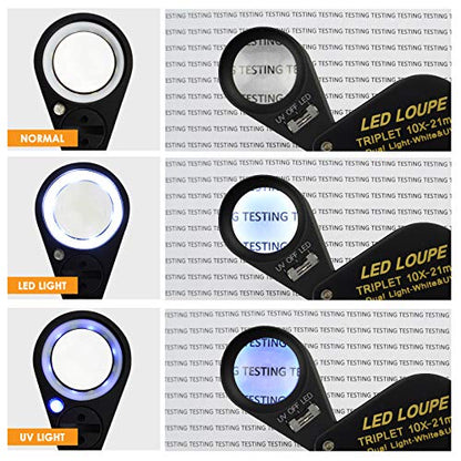 10x Magnifier Jewelry Loupe LED UV 21mm Triplet Lens Optical Glass Pocket Gem Magnifying Tool Jeweler, Stamp Philatelist, Coin Numismatic