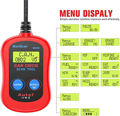 Autel MS300 OBD2 Scanner Code Reader, Turn Off Check Engine Light, Read & Erase Fault Codes, Check Emission Monitor Status CAN Diagnostic Scan Tool