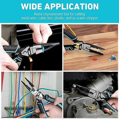 DURATECH 6-in-1 Needle Nose Pliers, 8.5" Multipurpose Long Nose Pliers with Wire Stripper/Crimper/Cutter Function, Heavy Duty Multifunctional Electrician Pliers for Crimping, Stripping, Shearing