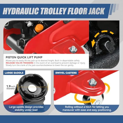 Auto Dynasty 2 Ton (4000 lbs) Capacity Floor Jack Low Profile Garage Hydraulic Trolley Service Lift Floor Jack Combo with Ratchet Jack Stands for SUV, Car and Truck, Red - color: Red