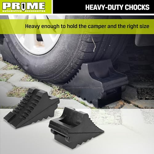 Prime 1 PR1ME Heavy Duty Rubber Wheel Chocks, Rubber Tire Blocks, RV Solid Rubber Wheel Wedge Blocks, 2 Pack Black 8.6" x 3.7" x 4.7", Carrying Handle, for Travel Trailer, Camper, RV, Truck