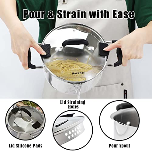 Rorence Stainless Steel Stock Pot with Pour Spout & Silicone Handles & Glass Lid with Strainer - 3.7 Quart - size: 3.7 quart