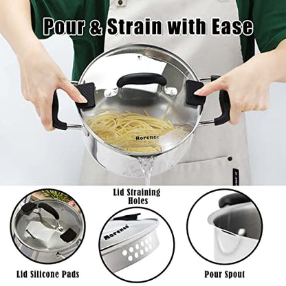 Rorence Stainless Steel Stock Pot with Pour Spout & Silicone Handles & Glass Lid with Strainer - 3.7 Quart - size: 3.7 quart