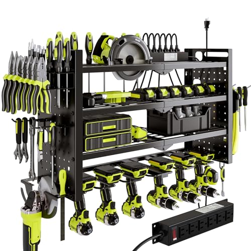 NattyDot Cordless Power Tool Organizer Wall Mount, 6 Drill Holders, Black | Four-tier charging rack holds six cordless drills plus a grinder; shelves keep batteries, chargers and accessories organized - color: Black