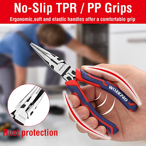WORKPRO 4-Piece Pliers Set | Premium CR-V Construction Tool Set Including Long Nose, Diagonal Cutting, Groove Joint and Slip Joint Pliers - Red - color: Red