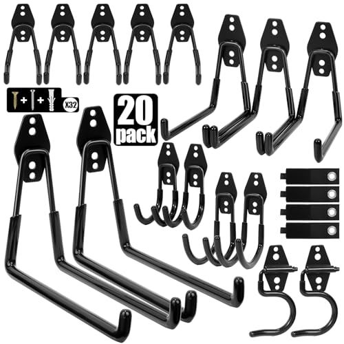 Heavy Duty Garage Hooks Storage, Anti-Slip Steel Wall Mount Multi-Size Utility Hangers Organizer for Ladders, Bikes, Garden Tools, Hose with 32 Screws Hardware Kit (Black, 20 Pack) - color: Black(20pcs)