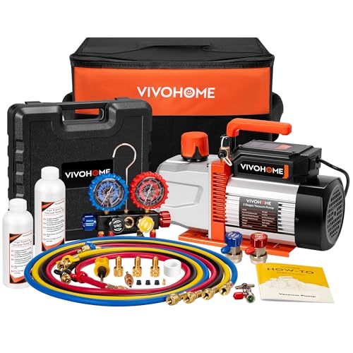 VIVOHOME VG Series AC Vacuum Pump and Gauge Set, 3/4 HP 7.2CFM 2 Stage HVAC Vacuum Pump and 4 Way Manifold Gauge Kit with 5ft Hoses for R134a R12 R22 R502 R410a Auto HVAC Systems Commercial Use - size: 7.2CFM