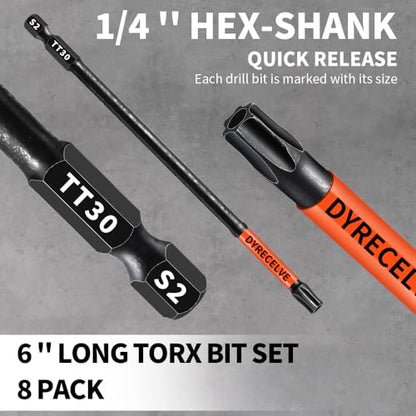 Impact Security Torx Bit Set 6-Inch Long (8-Pack T8-T40), S2 Steel Tamper Proof Star Bits Set, with 1/4'' Hex-Shank, Magnetic and High-Torque, for Automotive, Electronics, DIY - size: 8-Pieces 6 Inch Torx Security Bits