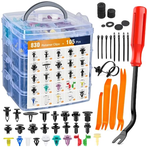 GOOACC 935Pcs Car Push Retainer Clips & Auto Fasteners Assortment -26 Most Popular Sizes Nylon Bumper Fender Rivets with 10 Cable Ties and Fasteners Remover for GM Ford Toyota Honda Chrysler - color: 830Pcs Clips + Remover