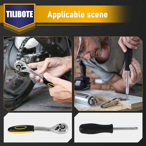 TILIBOTE Socket Wrench Set, 62PCS 1/4" Ratcheting Wrench Set With 72 Tooth count Ratchet, SAE & Metric From 5/32" - 9/16 ", 4mm - 14mm,tool Set For home And car,motorcycle,bike Repair
