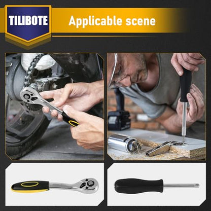 TILIBOTE Socket Wrench Set, 62PCS 1/4" Ratcheting Wrench Set With 72 Tooth count Ratchet, SAE & Metric From 5/32" - 9/16 ", 4mm - 14mm,tool Set For home And car,motorcycle,bike Repair