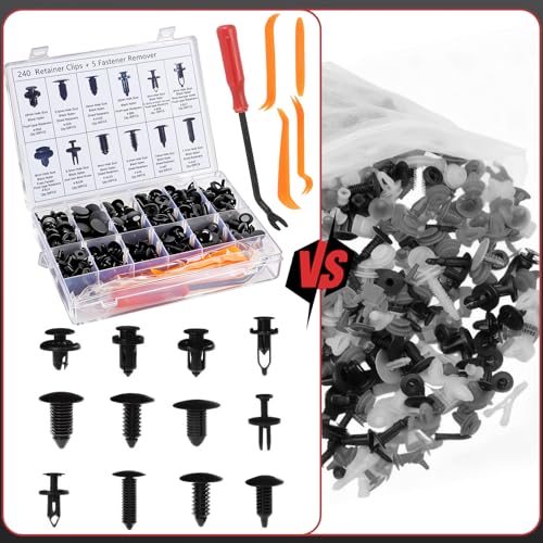 245Pcs Car Retainer Clips & Tools All-in-One Kit - 240 Black Push Pins (12 Sizes) with 5 Orange Pry Bars Stored Inside Box. Portable Bumper Fender Fastener Set for GM Ford (245Pcs) - style: 245pcs
