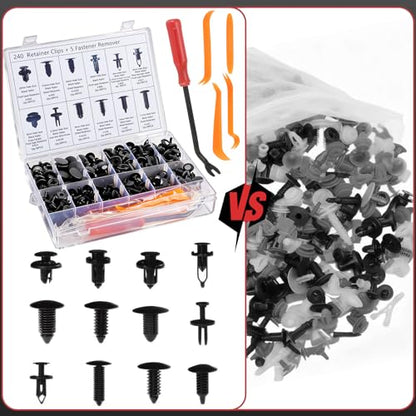 245Pcs Car Retainer Clips & Tools All-in-One Kit - 240 Black Push Pins (12 Sizes) with 5 Orange Pry Bars Stored Inside Box. Portable Bumper Fender Fastener Set for GM Ford (245Pcs) - style: 245pcs