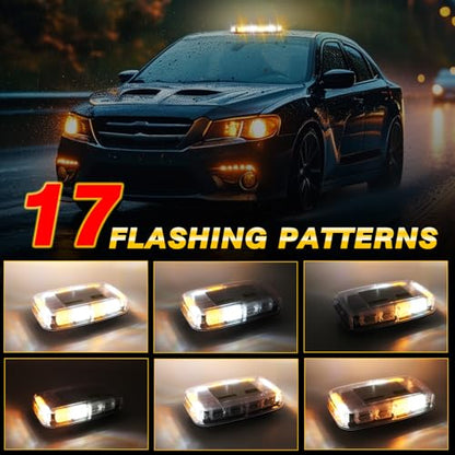 Rechargeable Amber White Emergency Roof Top Strobe Light Wireless Battery, 17 Flashing Modes,High Low Brightness, Warning Lights with Magnetic Base for Construction Vehicles, Trucks, Snow Plow