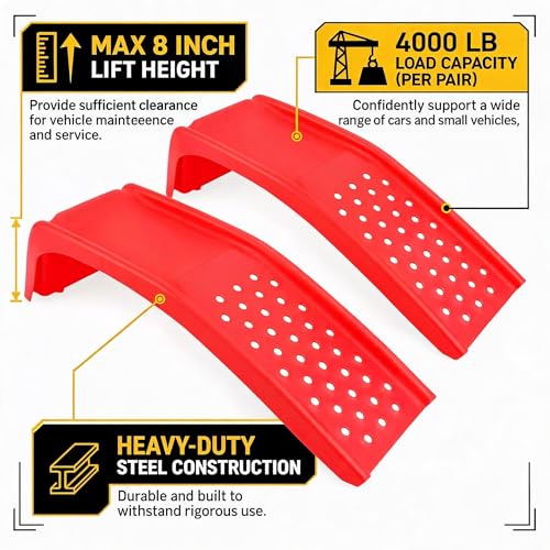 8 Inch Lift Solid Steel Car Ramps 2 Pack, 8000 LBS Total Capacity 2000 LBS Per Ramp, Heavy Duty Anti-Slip Truck Ramps, Auto Service Ramps for Oil Change & Vehicle Repair Maintenance (Red)