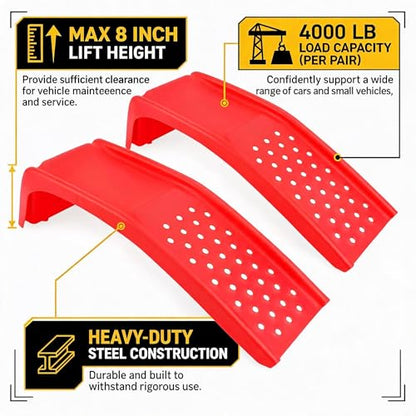 8 Inch Lift Solid Steel Car Ramps 2 Pack, 8000 LBS Total Capacity 2000 LBS Per Ramp, Heavy Duty Anti-Slip Truck Ramps, Auto Service Ramps for Oil Change & Vehicle Repair Maintenance (Red)