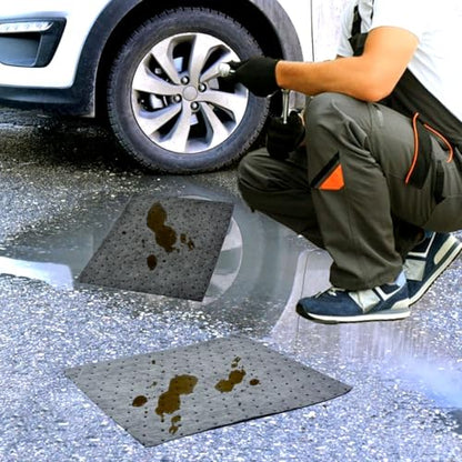 CONLI 100 PCS Oil Absorbent Pads Weight Dimpled Absorbing Sheets Water Absorbent Mat Garage Accessories Oil Spill Mat for Absorbing Protecting Home Garage Basement