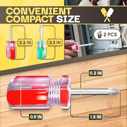 2Pcs Stubby Mini Screwdriver Set - One Flat Head Screwdriver and One Phillips Head with Magnetic Slotted Tips - Pocket Size for Sewing Machine, Eyeglasses, Outlet Covers, Electronics and Tight Spaces - style: 2Pcs Magnetic Screwdrivers