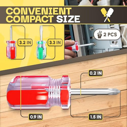 2Pcs Stubby Mini Screwdriver Set - One Flat Head Screwdriver and One Phillips Head with Magnetic Slotted Tips - Pocket Size for Sewing Machine, Eyeglasses, Outlet Covers, Electronics and Tight Spaces - style: 2Pcs Magnetic Screwdrivers