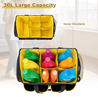 PGmoon Extra-Large Cleaning Caddy Organizer with Handle, Cleaning Supplies Tote Bag Built-in Support Boards, Cleaning Tool Storage for Car, Home, Housekeeping Work, Kitchen Cleaning Supplies