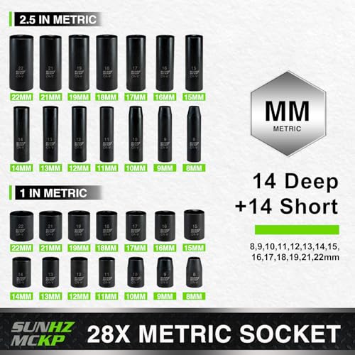 SUNHZMCKP 3/8" Drive Impact Socket Set, 52 Pcs Standard SAE (5/16-3/4 inch) and Metric (8-22mm) Shallow & Deep 6 Point Sockets, 3/8-In Ratchet Handle, Extension Bars, Adapters, Universal Joint, CR-V - size: 52-Pc 3/8" Drive Impact Socket Set