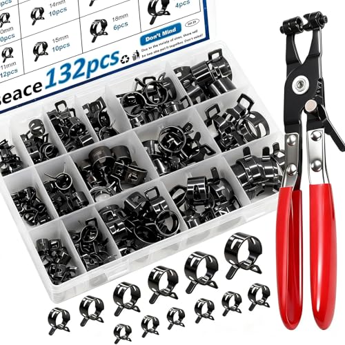 smseace 132Pcs 6-25mm Spring Hose Clamps With Hose Clamp Plier 16-sizes Constant Tension Hose Clamp used for Fuel Line，Vacuum Hose，Air Hose Spring Band Hose Clamp Kit - size: 6-25mm 132pcs