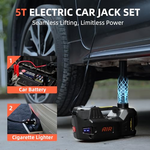 Electric Car Jack Kit 5 Ton 12V Portable Hydraulic Floor Jack with Impact Wrench and Inflatable Pump for SUV Car Tire Change Emergency Repair Kit with LED Light - color: Black+Red Wrench