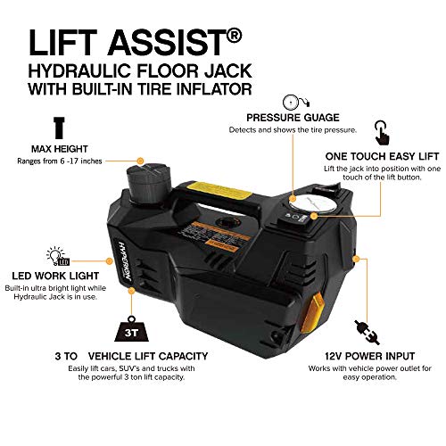 Hyperion Lift-Assist 12V Portable Hydraulic Floor Jack with Tire Inflator Air Compressor by Deltran - 043-1004-HY-WH