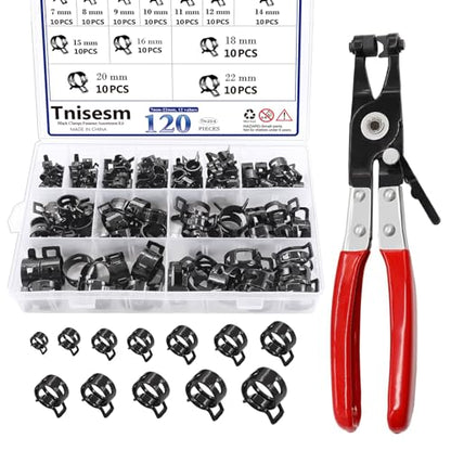 Tnisesm 121Pcs 6-22mm Spring Hose Clamp Assortment Kits with Swivel Flat Band Fuel Hose Clamp Plier, Silicone Vacuum Hose Action Pipe Clamp Low Pressure Air Clip Clamp Hoses Clamps sleeving(Black) - size: 120Pcs-12 Sizes+Plier-BK