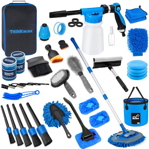 THINKWORK Car Wash Kit with Foam Gun, Extendable Mop & Collapsible Bucket | Adjustable Spray, Complete Car Detailing Kit, Soft Microfiber, Scratch-Free Paint Protection, Car & Home Use, Great Gift - color: Blue(33PCS)