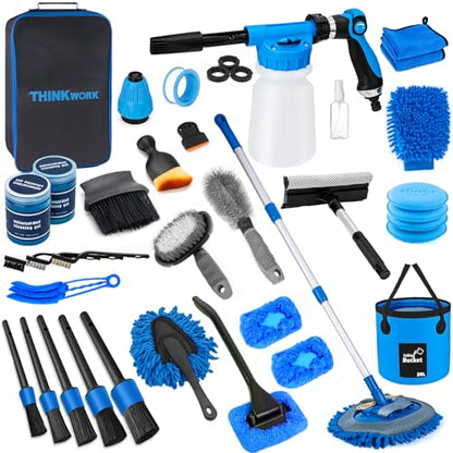 THINKWORK Car Wash Kit with Foam Gun, Extendable Mop & Collapsible Bucket | Adjustable Spray, Complete Car Detailing Kit, Soft Microfiber, Scratch-Free Paint Protection, Car & Home Use, Great Gift - color: Blue(33PCS)