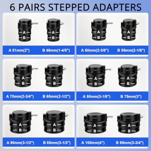 Turbo Boost System Leak Tester Kit 15PCS Turbocharger Leakage Detector Set | Turbine Pressure Testing Tool (6 Bar), 6 Pairs Stepped Adapters (1-4/5" to 4" Inlet & Outlet Plugs), Smoke Machine Connector