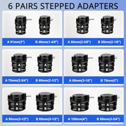 Turbo Boost System Leak Tester Kit 15PCS Turbocharger Leakage Detector Set | Turbine Pressure Testing Tool (6 Bar), 6 Pairs Stepped Adapters (1-4/5" to 4" Inlet & Outlet Plugs), Smoke Machine Connector