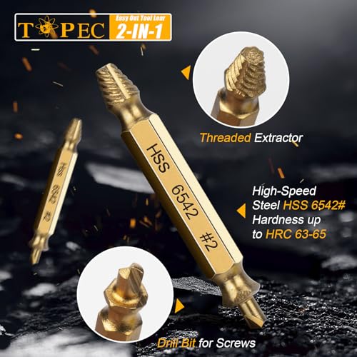 TOPEC Small Screw Extractor Set, 13 PCS Stripped Screw Removal Tool, HSS 6542 Easy Out Kit for Damaged, Broken Fasteners, Fathers Day Gifts for Dad (Golden) - size: 13-piece