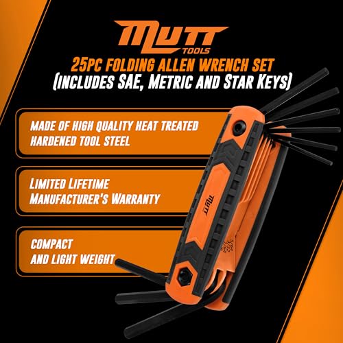 Mutt Tools 25pc Folding Allen Key Set – Compact SAE & Metric Tool for Bikes, DIY, Archery – Color-Coded, Allen Wrenches Sets Stamped with Sizing Info - style: 25pc Folding Hex and Star Key Set