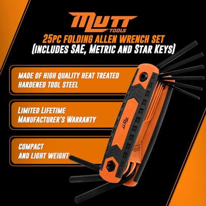 Mutt Tools 25pc Folding Allen Key Set – Compact SAE & Metric Tool for Bikes, DIY, Archery – Color-Coded, Allen Wrenches Sets Stamped with Sizing Info - style: 25pc Folding Hex and Star Key Set