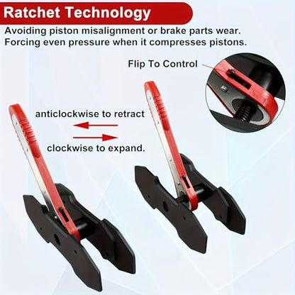 Brake Caliper Press Tool, Ratcheting Piston Compressor, Universal | Red anodized steel, disc brake service, piston compression, ratcheting operation, universal compatibility